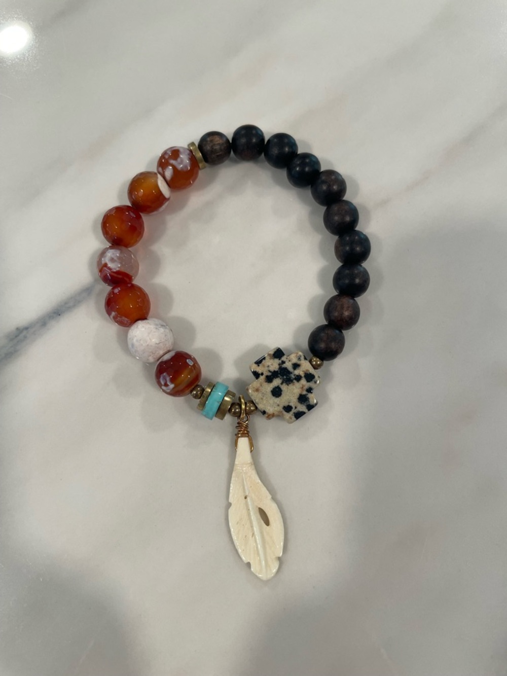 Ginger 13 Multicolor Agate & Wood Beaded Bracelet with Feather Charm
